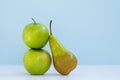 The composition of two fresh green apples and one long pear on blue background Royalty Free Stock Photo