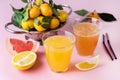 Composition with Two Glasses of Assorted Citrus Juices Detox Diet Healthy Drink Mandarine Lemon and Grapefruit Juices Raw Royalty Free Stock Photo