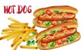 Composition of two hot dogs with cherry tomatoes, basil, parsley and mustard, near a portion of fries