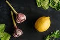 Composition of two onions of garlic and lemon on a black with fresh herbs on a black background. Royalty Free Stock Photo