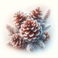 The composition of two pine cones and spruce branches, covered with light frost, creates the atmosphere of a winter Royalty Free Stock Photo