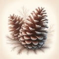 The composition of two pine cones and spruce branches, covered with light frost, creates the atmosphere of a winter Royalty Free Stock Photo