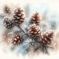 The composition of two pine cones and spruce branches, covered with light frost, creates the atmosphere of a winter Royalty Free Stock Photo