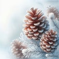 The composition of two pine cones and spruce branches, covered with light frost, creates the atmosphere of a winter Royalty Free Stock Photo