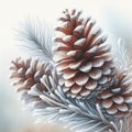 The composition of two pine cones and spruce branches, covered with light frost, creates the atmosphere of a winter Royalty Free Stock Photo