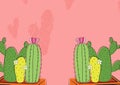 Composition of two pots with cactus with pink hearts on pink background