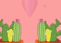 Composition of two pots with cactus with pink hearts on pink background