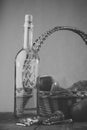 Bottle, basket, apples and corkscrew