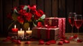 Composition for Valentine\'s Day with roses, wine glasses and candles