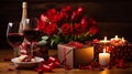 Composition for Valentine\'s Day with roses, wine glasses and candles