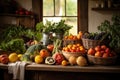 Composition with variety of fresh vegetables and fruits in rustic kitchen, Fruits and vegetables on a wooden table in a rustic Royalty Free Stock Photo