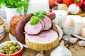 Composition variety grocery products meat dairy Royalty Free Stock Photo