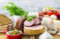 Composition variety grocery products meat dairy Royalty Free Stock Photo