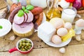 Composition variety grocery products meat dairy Royalty Free Stock Photo