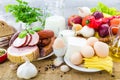 Composition variety grocery products meat dairy Royalty Free Stock Photo