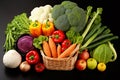 Composition with variety of raw organic vegetables on black background. Balanced dietAi generative Royalty Free Stock Photo