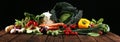 Composition with variety of raw organic vegetables and fruits. Balanced diet Royalty Free Stock Photo