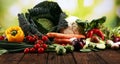 Composition with variety of raw organic vegetables and fruits. Balanced diet Royalty Free Stock Photo