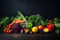 Composition with variety of raw organic vegetables and fruits. Balanced diet, Fresh fruits and vegetables on dark rustic Royalty Free Stock Photo