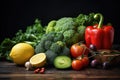 Composition with variety of raw organic vegetables on wooden table. Balanced diet, Fresh fruits and vegetables on dark rustic Royalty Free Stock Photo