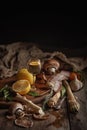 Composition of various foodstuffs on a wooden table. Top view