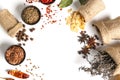 Composition with various spices on white background Royalty Free Stock Photo