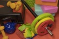 Composition of various sports equipment. Kettlebells, fitness bands, balls, rugs, barbell, step platform. Sport concept.