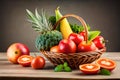 Composition with vegetables and fruits in wicker basket. Royalty Free Stock Photo