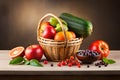 Composition with vegetables and fruits in wicker basket. Royalty Free Stock Photo