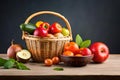 Composition with vegetables and fruits in wicker basket. Royalty Free Stock Photo