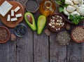 Composition of vegetarian products containing unsaturated fatty acids Omega 3 - nuts, hemp, chia, flax, avocado, soybeans, caulifl Royalty Free Stock Photo