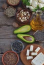 Composition of vegetarian products containing unsaturated fatty acids Omega 3 - nuts, hemp, chia, flax, avocado, soybeans, caulifl Royalty Free Stock Photo