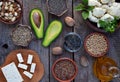 Composition of vegetarian products containing unsaturated fatty acids Omega 3 - nuts, hemp, chia, flax, avocado, soybeans, caulifl Royalty Free Stock Photo