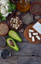 Composition of vegetarian products containing unsaturated fatty acids Omega 3 - nuts, hemp, chia, flax, avocado, soybeans, caulifl Royalty Free Stock Photo