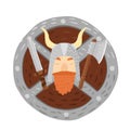 Composition vikings in helmet with shield, sword and axe on white background. Cartoon cute in doodle style Royalty Free Stock Photo