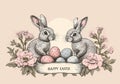 A composition of vintage Easter bunnies and willow eggs Royalty Free Stock Photo