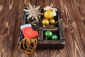 Vintage shadow box with golden and green christmas ball on wood background Royalty Free Stock Photo