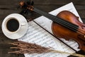Composition with violin cup of coffee, music sheets on wooden table Royalty Free Stock Photo