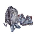 Composition watercolor clothing accessories: black army military tourism backpack, boots shoes, binoculars isolated on