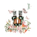 Composition of watercolor fashion legs on high heels with flowers. Fashion and style illustration, clothing and accessories.
