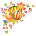 Composition with watercolorpumpkins and autumn yellow leaves Royalty Free Stock Photo