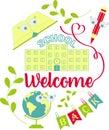 Composition welcome back to school typography isolated on a transparent background with funny globe book pencil plants