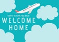 Composition of welcome home text with airplane over clouds on blue background