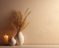 Composition of white ceramic vase with bouquet of dry spikelets, golden photo frame with dried flower, candles on wooden Royalty Free Stock Photo