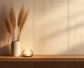 Composition of white ceramic vase with bouquet of dry spikelets, golden photo frame with dried flower, candles on wooden Royalty Free Stock Photo