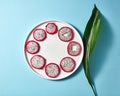 Round pieces of Pitahaya in a white plate and green leaf on a blue paper background. Top view
