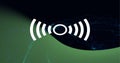 Composition of white surround sound icon on green and black background with smoke trails