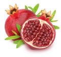 Composition with whole and cutted pomegranates with leaves isolated on white background. As design element.