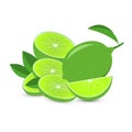 Composition of whole, half and quarter limes with green leaves isolated on white background. Royalty Free Stock Photo