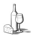 Wine bottle, wineglass and cheese. Black and white